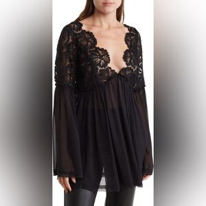 Free People Magdalene Sweetheart Neck Long Sleeves Crochet Tunic